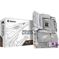 GIGABYTE X870 AORUS ELITE motherboard, silver heatsinks, PCIe slots, Wi-Fi 7 antenna, with branded box.
