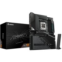 Gigabyte X870 AORUS STEALTH motherboard, black with sleek design, visible PCIe slots, and matching branded box.