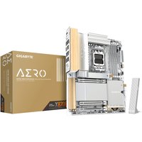 GIGABYTE X870E AERO X3D motherboard with silver heatsinks, gold accents, and PCIe slots, next to its branded box.