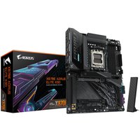 GIGABYTE X870E AORUS ELITE X3D motherboard, black with heatsinks, PCIe slots, and Wi-Fi antenna, next to product box.