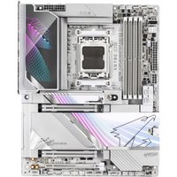 Silver GIGABYTE X870E AORUS MASTER X3D ICE motherboard with RGB accents, multiple PCIe slots, and cooling fins.