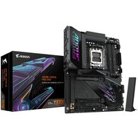 GIGABYTE X870E AORUS PRO X3D Motherboard with RGB lighting, black heatsinks, and box featuring eagle design.