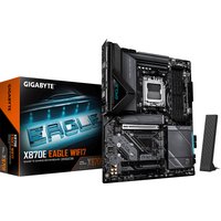GIGABYTE X870E EAGLE WIFI7 motherboard, black with silver accents, includes box and antenna, supports AMD Ryzen 9000 CPUs.