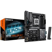 GIGABYTE X870E EAGLE X3D WIFI7 motherboard with black heatsinks, RGB lighting, and PCIe slots, next to packaging.