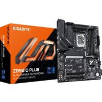 GIGABYTE Z890 D PLUS motherboard, black with silver accents, Intel socket, next to orange and black packaging.