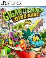 Colorful video game cover featuring "Gigantosaurus: Dino Kart" with vibrant dinosaurs, tropical plants, and a playful cartoon style, designed for PS5.