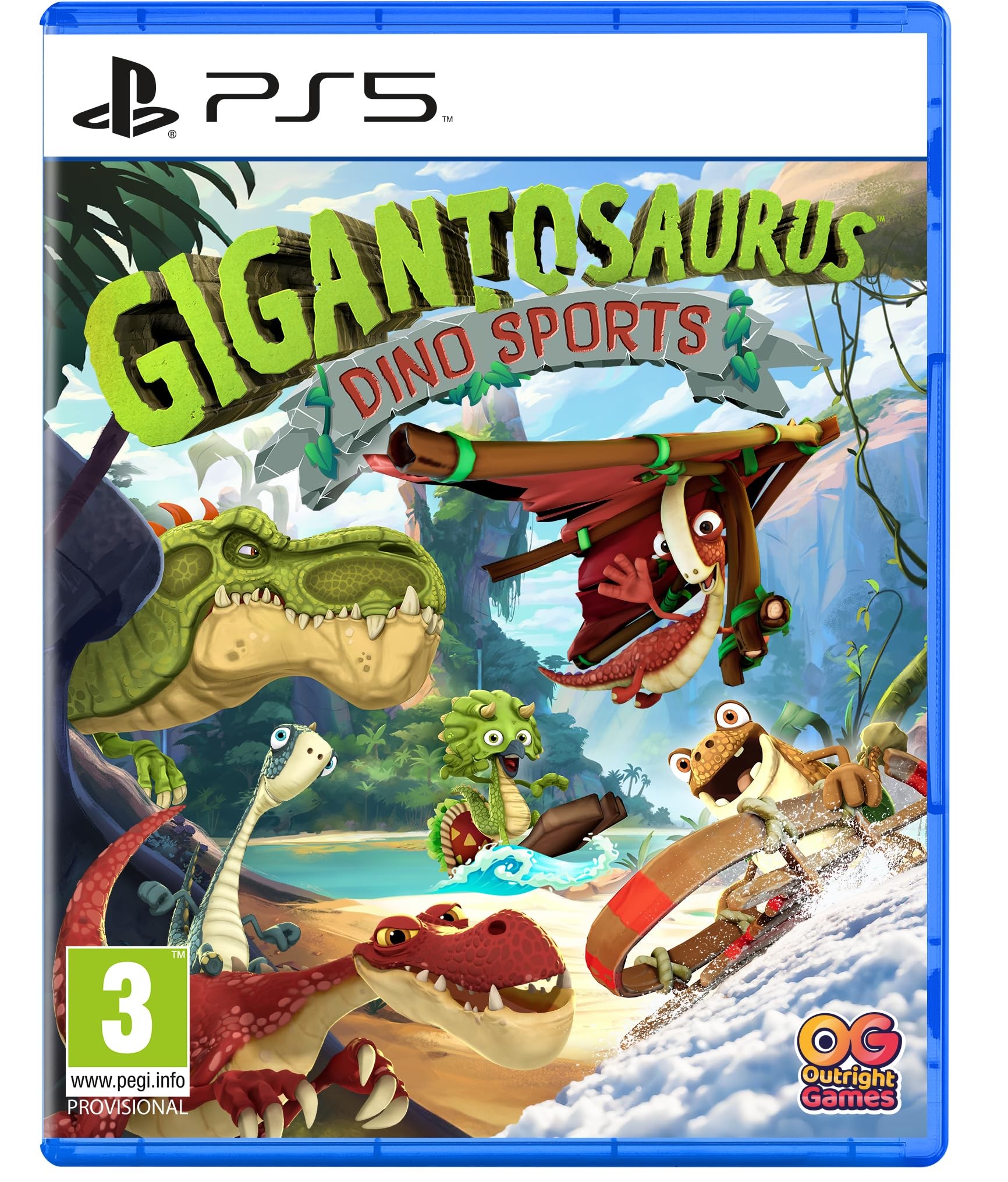 Colorful PS5 game case featuring "Gigantosaurus: Dino Sports" with cartoon dinosaurs engaging in sports activities against a vibrant jungle backdrop.
