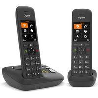 Gigaset C575A Duo black cordless phones with color display, numeric keypad, and charging bases.