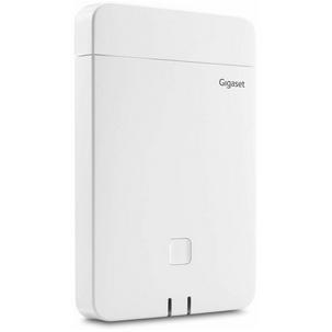 White Gigaset N670 IP Pro DECT Base Station featuring a sleek design, smooth surface, and a prominent square button at the bottom for easy access.