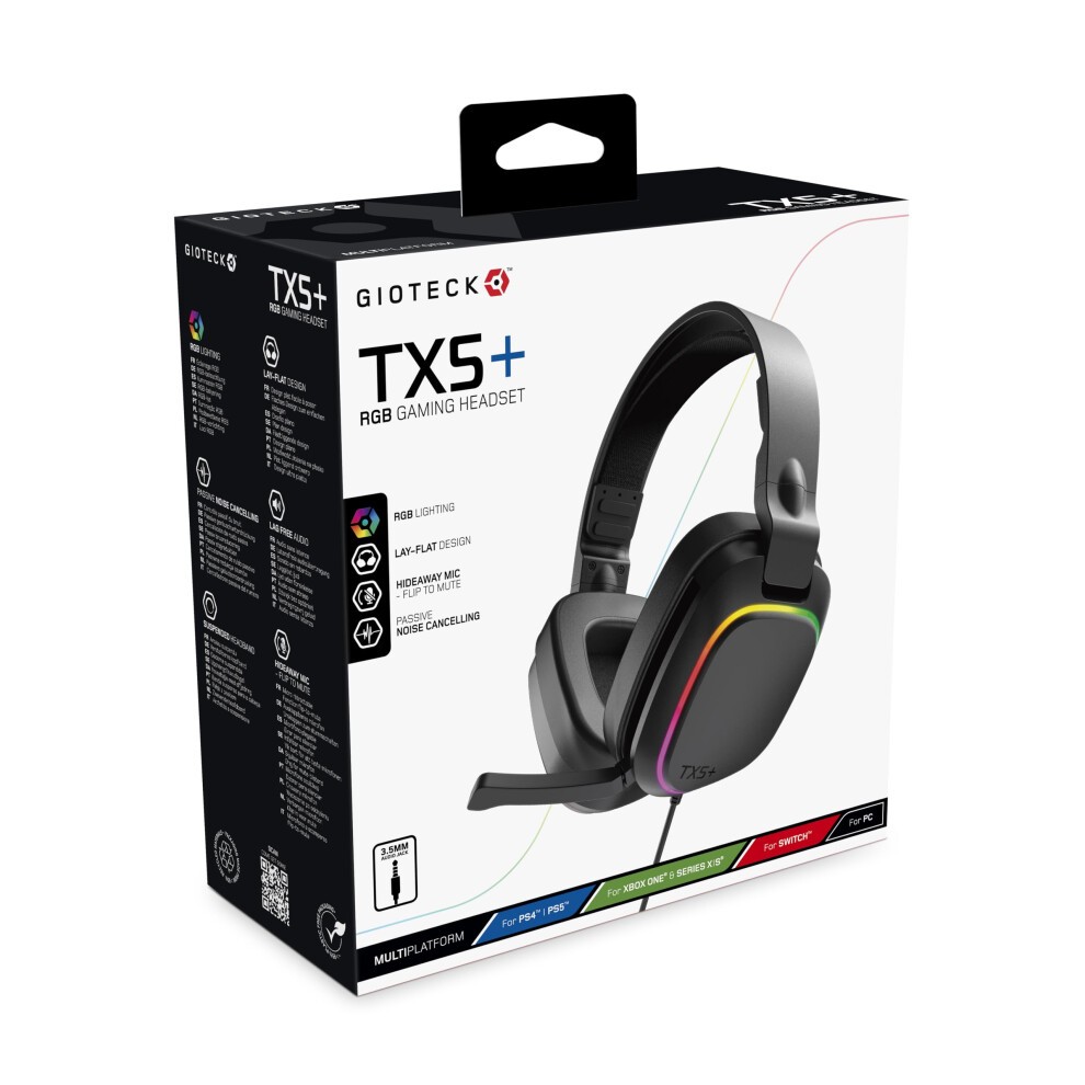 Black Gioteck TX5UNI-11-MU gaming headset with RGB lighting, wired and wireless capabilities, adjustable headband, and a noise-cancelling microphone, displayed in a colorful box.