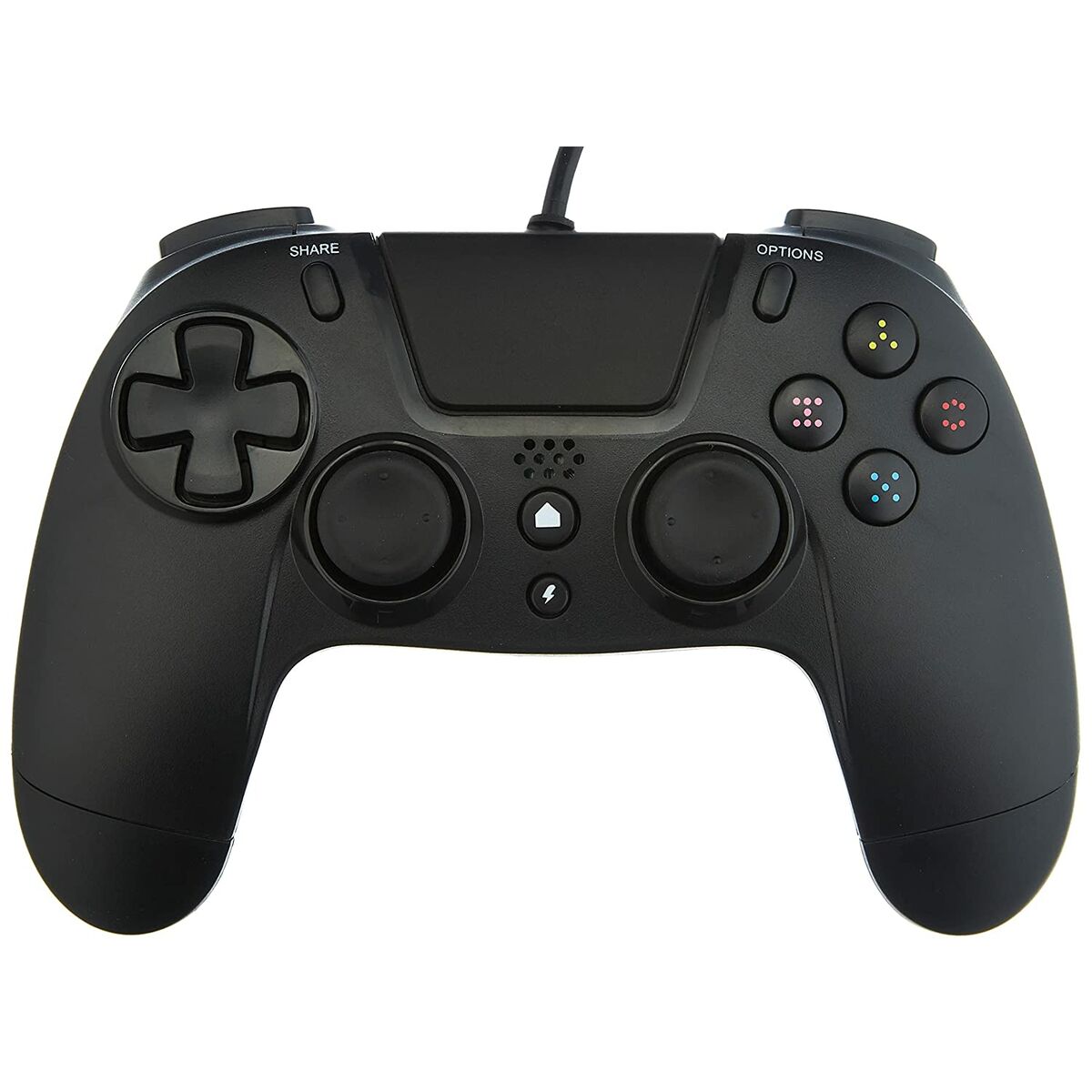 Black Gioteck VX4 gamepad for PlayStation 4 featuring a matte finish, dual analogue sticks, directional pad, and colorful action buttons.