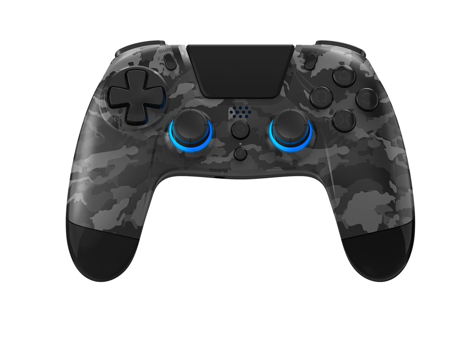 Black and grey camouflage gaming controller featuring dual analogue sticks, a directional pad, and illuminated buttons, designed for PC and PlayStation 4 compatibility.