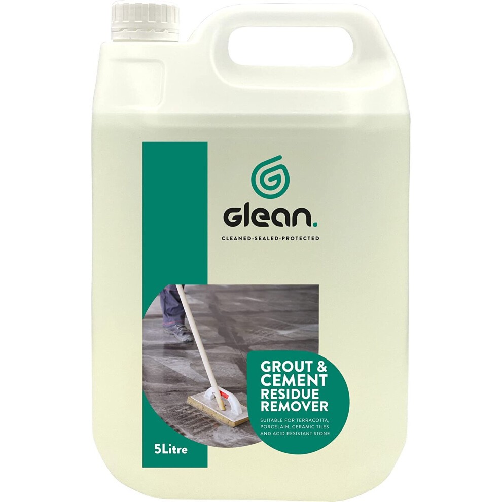 5-litre container of GLEAN Grout & Cement Residue Remover, featuring a green label with white text, designed for cleaning terracotta, porcelain, ceramic tiles, and acid-resistant stone.