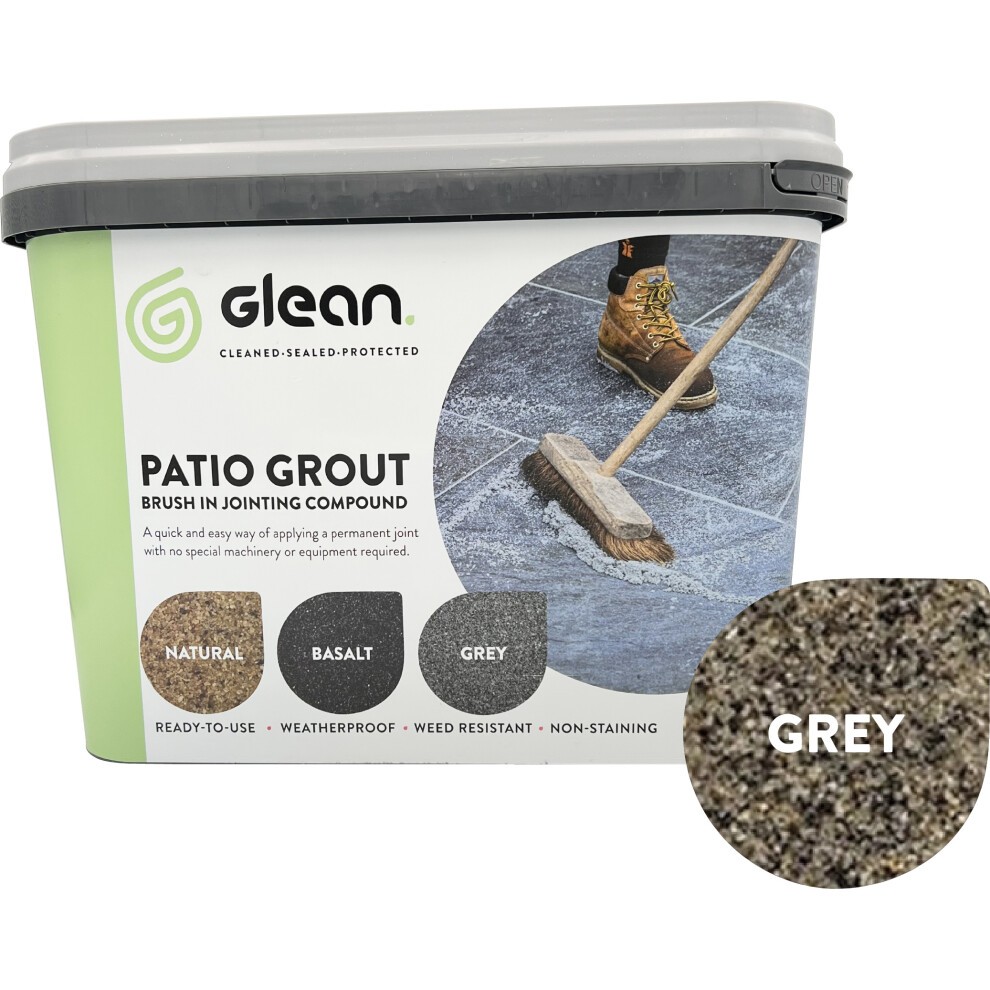 Grey 15kg GLEAN Patio Grout Jointing Compound in a plastic container, featuring a handle and a label with natural, basalt, and grey color samples.