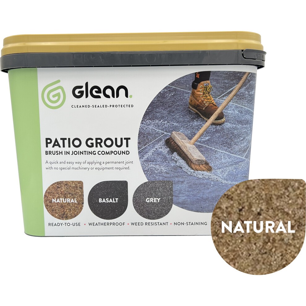 Natural Buff GLEAN Patio Grout Jointing Compound in a 15kg container, featuring a green and yellow design, with a brush and color swatch labeled 'Natural' on the side.