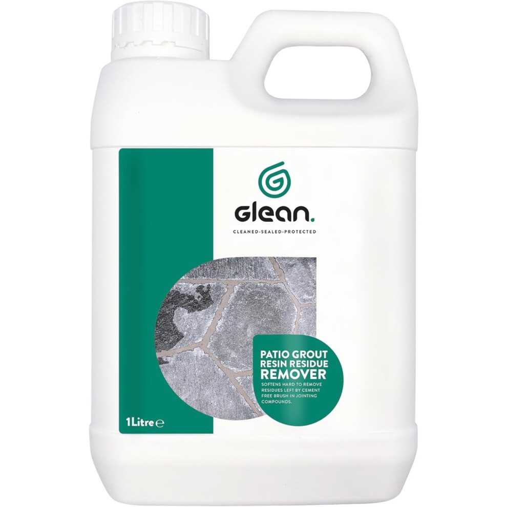 White plastic container with a green label, featuring the Glean logo, labeled "Patio Grout Resin Residue Remover," and a capacity of 1 litre.