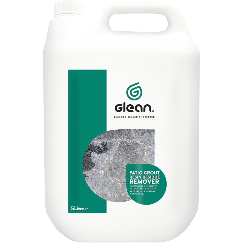 White plastic container with a green label, featuring the Glean logo, and text stating "Patio Grout Resin Residue Remover" in blue, with a 5-litre capacity.