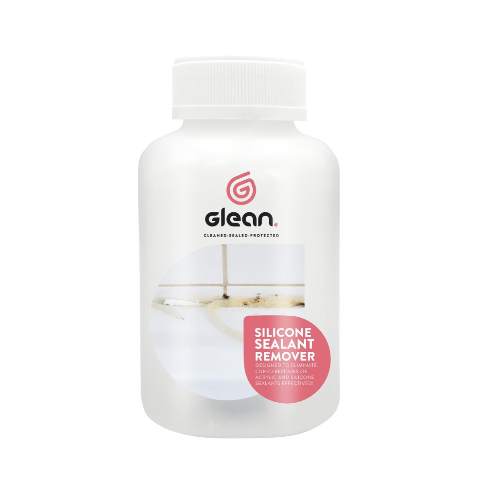 White plastic bottle of Glean Silicone Sealant Remover, 250ml, featuring a pink label with product name and logo, designed for effective silicone sealant removal.