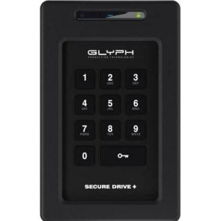 Black external hard drive with a numeric keypad, featuring a sleek design, LED indicator light, and labeled buttons for secure access.