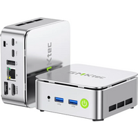 Silver GMKTec NucBox G10 mini PC with AMD Ryzen 5, 16GB RAM, 512GB SSD, USB ports, and green power button.