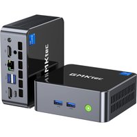 Black GMKtec NucBox M3 mini PC with Intel Core i5, multiple USB ports, and green power button on front panel.