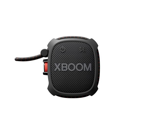 Black LG XG2T Xboom Go portable wireless speaker featuring a rugged design, military-grade durability, prominent "XBOOM" logo, and Bluetooth connectivity.