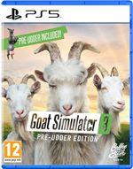 Goat Simulator 3 Pre-Udder Edition for PS5 features a blue case, a playful goat graphic, and a green "Pre-Udder Included" banner at the top.