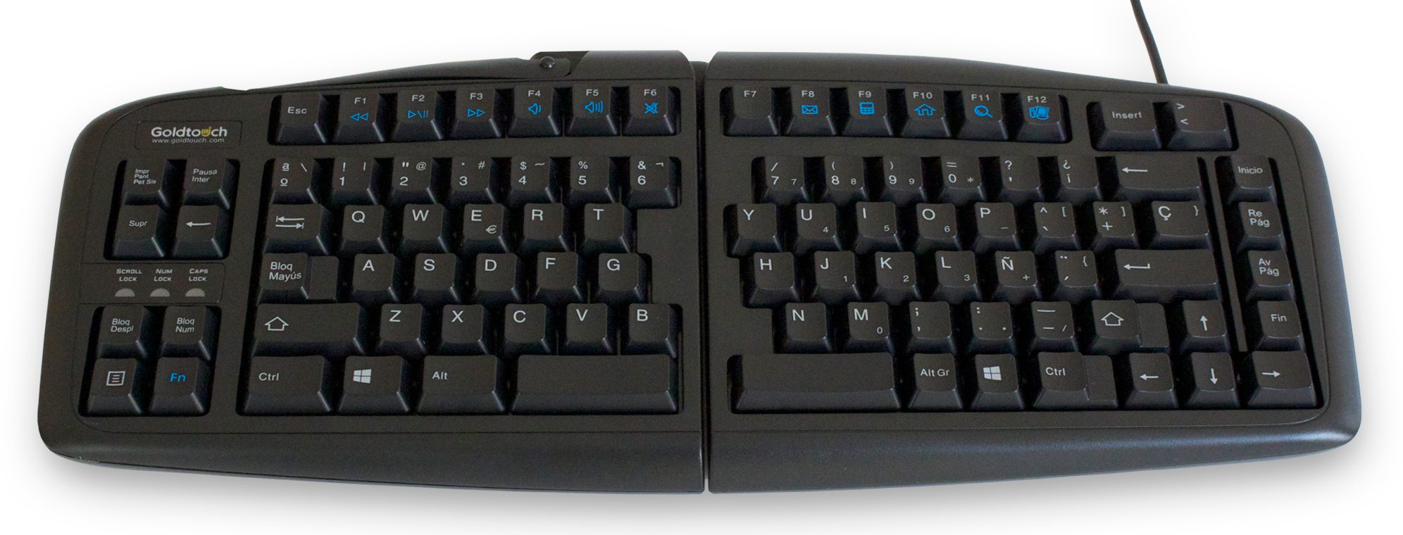 Black ergonomic keyboard with split design, featuring customizable keys, a smooth matte finish, and blue function icons for enhanced usability.