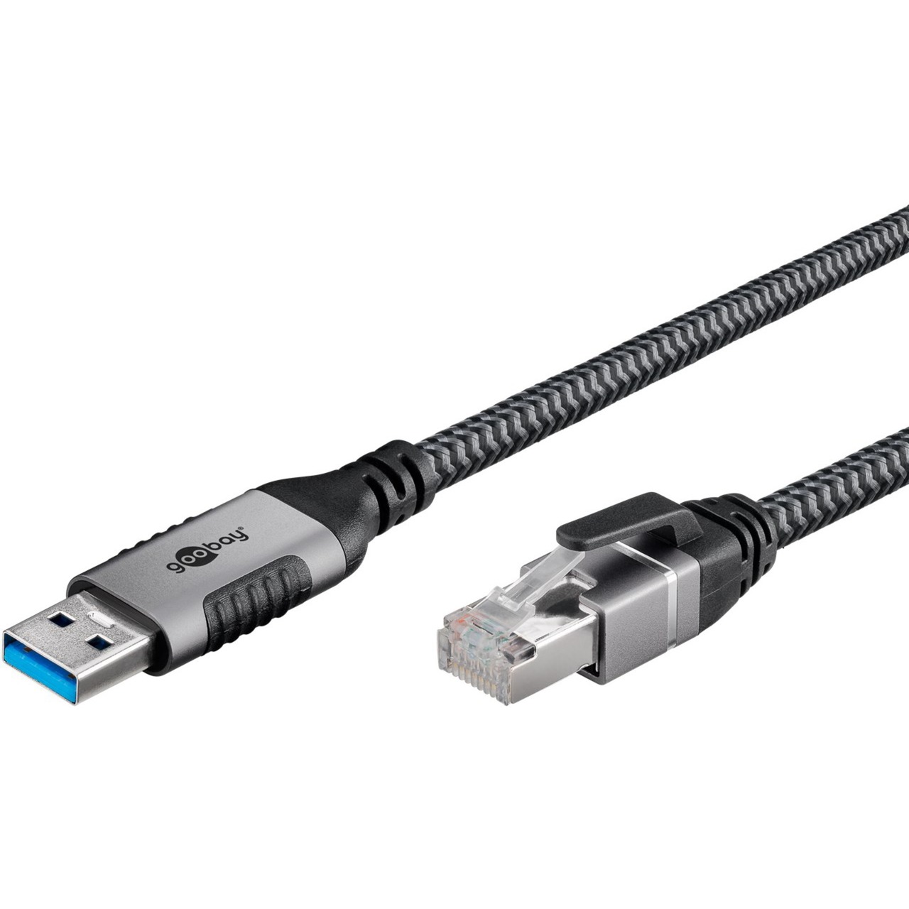 Black and silver Goobay 70498 USB to RJ-45 cable gender changer with a braided design, featuring a USB-A connector on one end and an RJ-45 connector on the other.