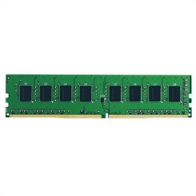Green printed circuit board with eight memory chips, gold connector pins at the bottom, labeled with "GOODRAM GR2666D464L19/32G" and "32 GB DDR4 2666 MHz."