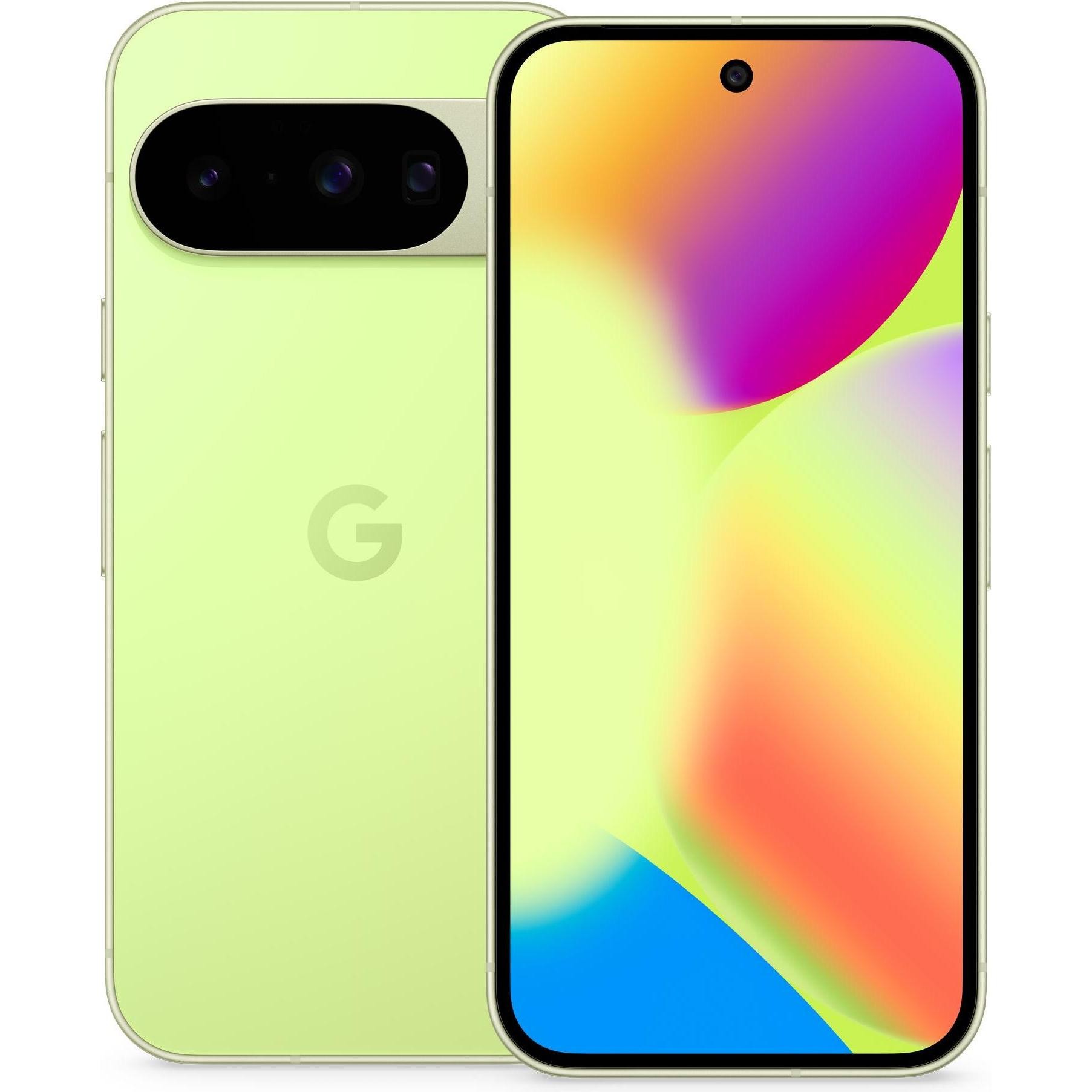 Google Pixel 10 smartphone in light green, featuring a dual SIM design, 6.3-inch display, three rear cameras, and a USB Type-C port.