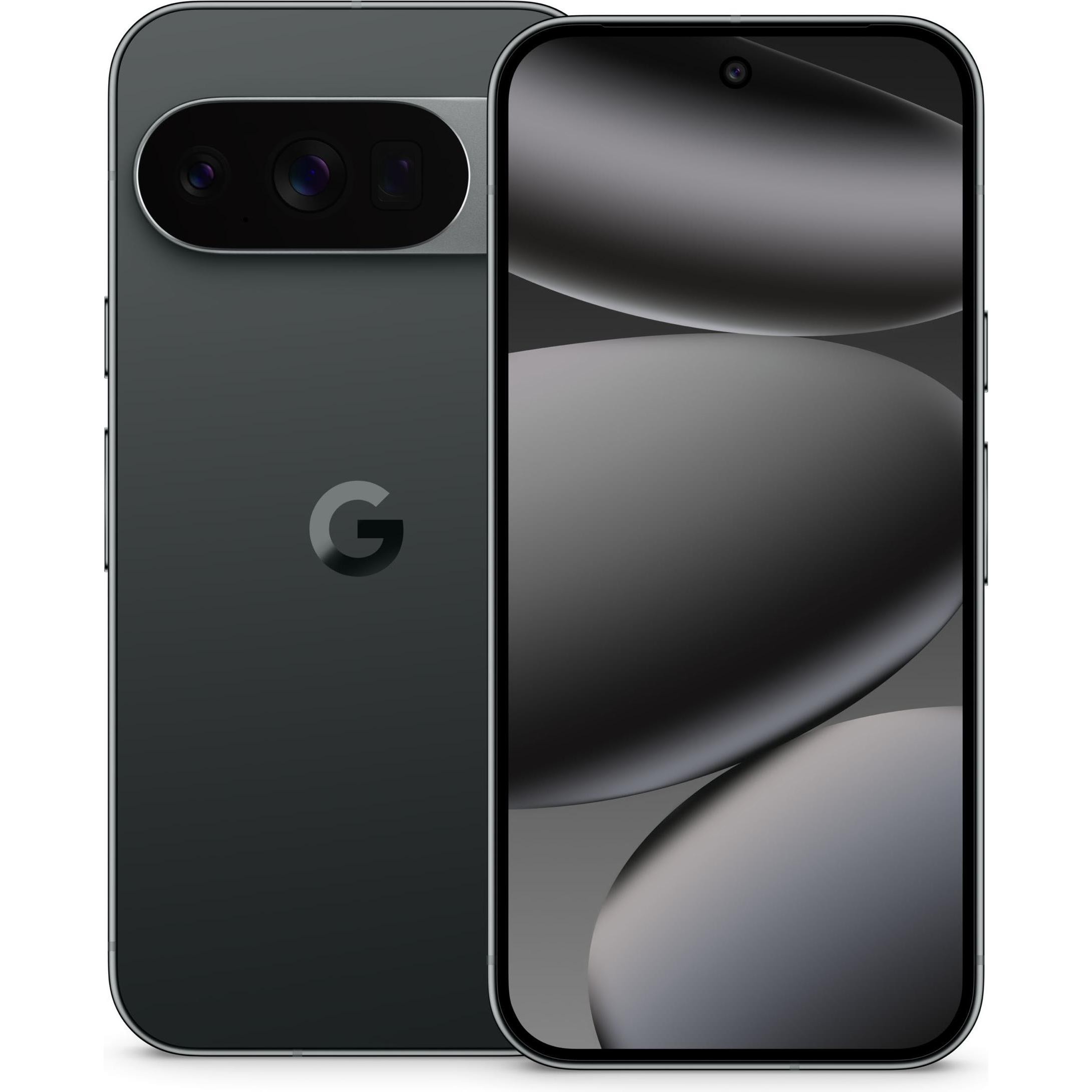 Google Pixel 10 Pro in Obsidian color features a sleek design with a glass back, triple camera setup, and a vibrant display showcasing smooth rounded edges.