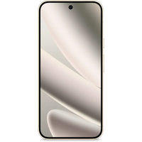 Google Pixel 10 Pro XL in Porcelain with edge-to-edge display, slim bezels, front camera centered at top.