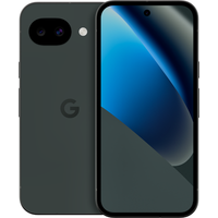 Google Pixel 10a smartphone, 128GB, Obsidian color, dual rear cameras, edge-to-edge display, and centered front camera.