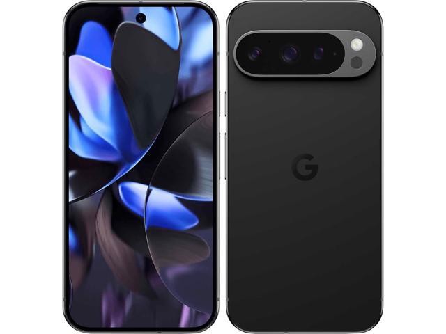 Google Pixel 9 Pro in Obsidian features a sleek black design, a vibrant display with a central front camera, and a distinctive rear camera module with three lenses.