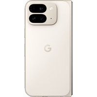 Beige Google Pixel 9 Pro Fold with dual rear cameras, sleek foldable design, and centered G logo.