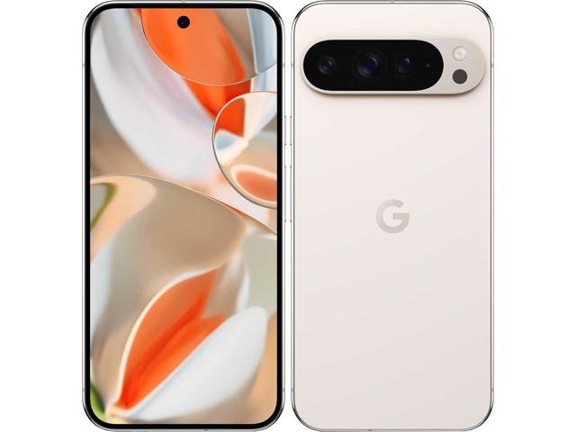 Google Pixel 9 Pro XL in a sleek white finish, featuring a large display with minimal bezels and a triple-camera setup on the back, highlighted by a distinctive G logo.