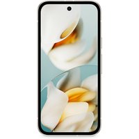 Google Pixel 9a smartphone, 6.3-inch, 128GB, Porcelain color, with a centered front camera and floral wallpaper display.