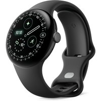 Black Google Pixel Watch 4 with 41 mm AMOLED touchscreen, round face, and silicone band.