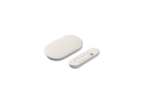 White Google TV streamer with a sleek, oval design, accompanied by a matching remote featuring a minimalist button layout, both designed for 4K Ultra HD streaming.