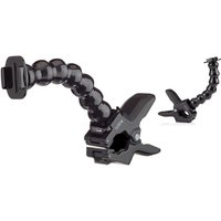 Black GoPro flexible camera mount with large clamp and adjustable arm segments for versatile positioning.
