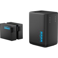 GoPro Dual Battery Charger with two black Enduro batteries for HERO13, featuring LED indicators and compact design.