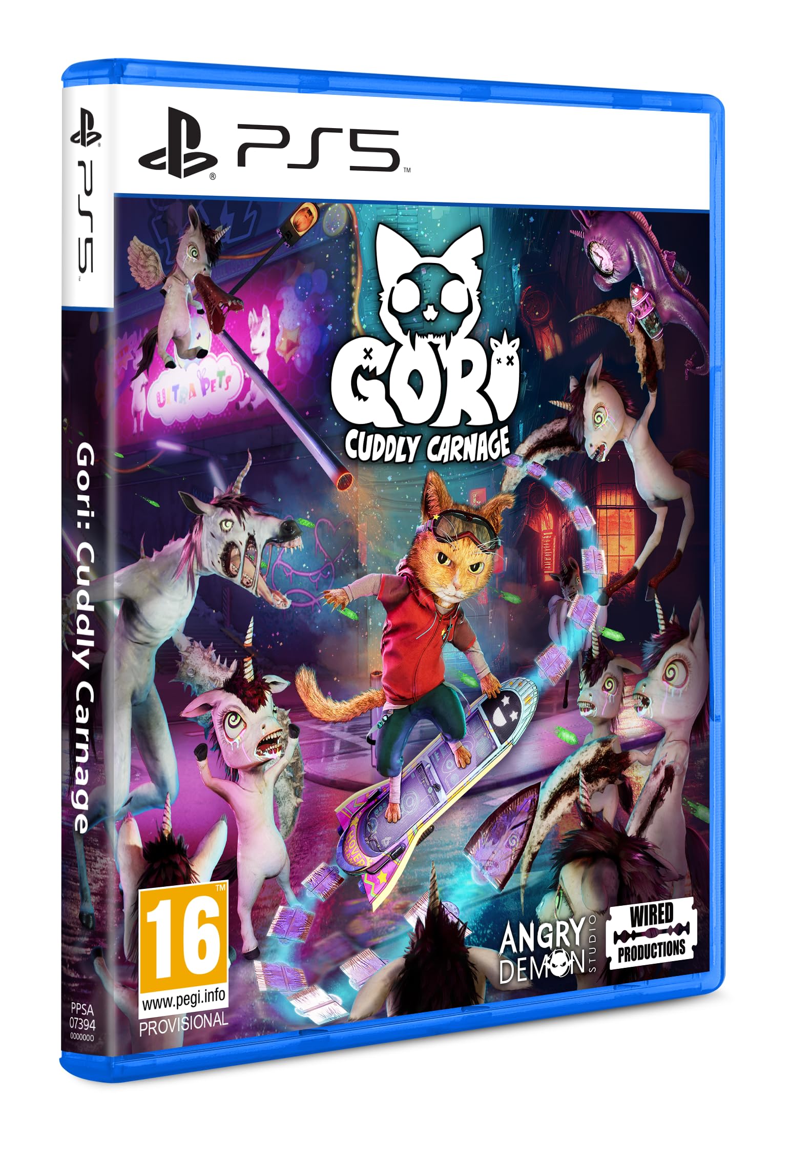 PS5 game case featuring "Gori: Cuddly Carnage" with vibrant artwork of a cat character on a skateboard surrounded by whimsical, animated creatures and a colorful background.