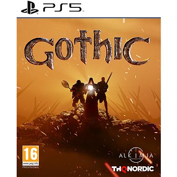 Gothic 1 Remake for PS5 features a dramatic cover with a silhouetted figure and two warriors against a fiery orange background, showcasing the game's fantasy theme.