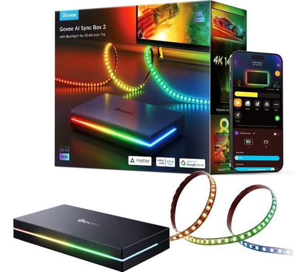 Govee Ai Sync Box 2 in black with colorful LED light strips, remote control, and packaging featuring vibrant visuals for 54-65 inch TVs.