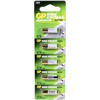 Green and white pack of five GP 27A 12V alkaline batteries with high voltage label and gold accents.
