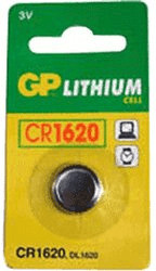 Green and yellow packaging featuring the text "GP LITHIUM" and "CR1620," containing a round, silver button cell battery labeled as 3V Lithium High Energy Density.