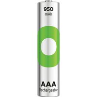 GP Batteries AAA rechargeable battery, silver with green circle design, 950 mAh capacity, nickel composition.