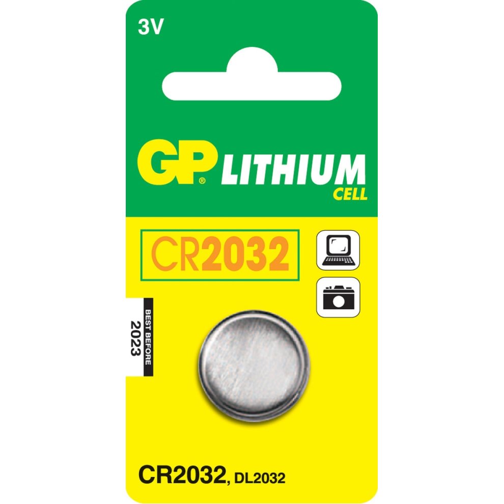 Green and yellow packaging featuring the GP Batteries logo, with a prominent "CR2032" label, displaying a round, silver lithium button cell battery inside.