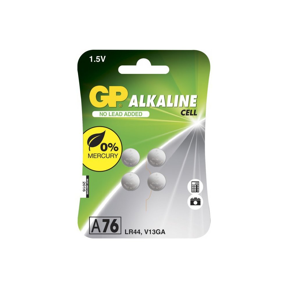 Four silver alkaline button cell batteries labeled A76 LR44 1.5V, packaged in a green and white blister pack with "GP ALKALINE" branding and a mercury-free symbol.